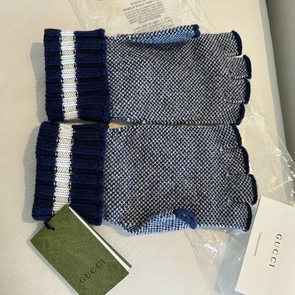 NWT Gucci 726586 Glove Gg Logo Cashmere Fingerless Gloves In Navy Ivory Size M - Picture 3 of 5